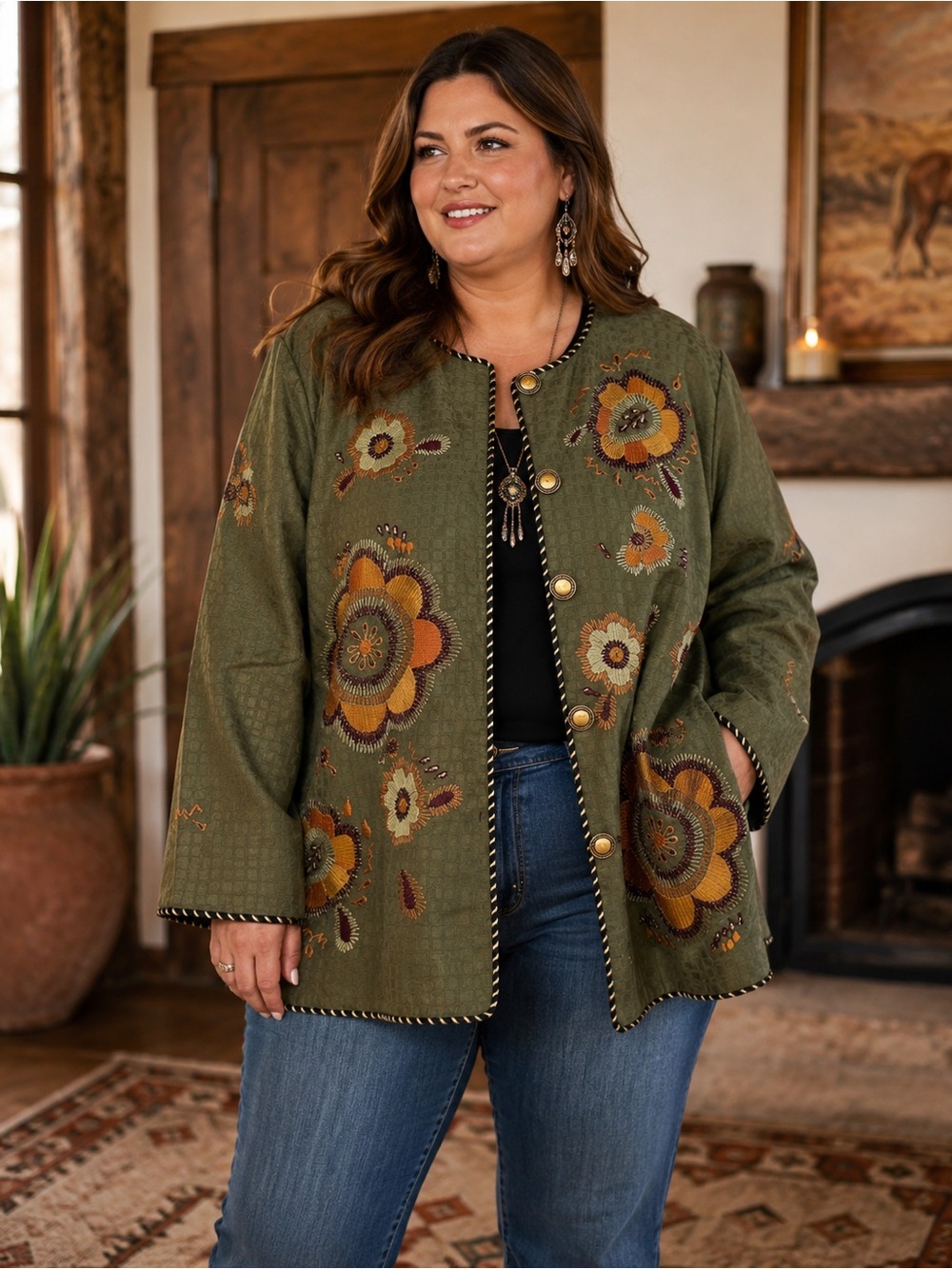 Indigo Moon 3X Olive Embroidered Floral Boho Art to Wear Jacket Lagenlook